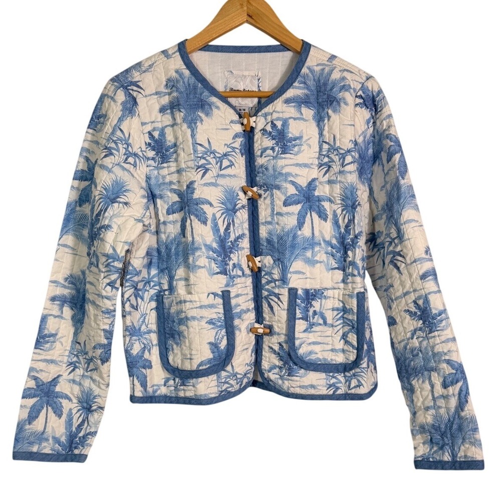Tommy Bahama Womens Quilted Palm Toile Toggle Jacket Blue White Medium SW520805